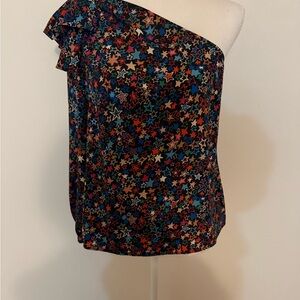 J Crew Colorful Star Print One-Shoulder Blouse Top asymmetrical one sleeve 6 EUC